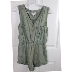 EVERLY Olive Green Utility Button Front Collared Sleeveless Romper Short Size S